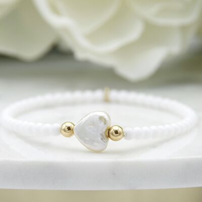 Heart Shaped Freshwater Pearl on a 4mm White Glass Bracelet