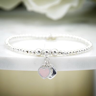 Sterling Silver Pink Enamel Double Heart Bracelet