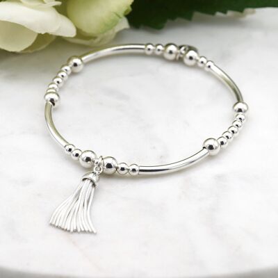 Sterling Silver Snake Chain Tassel Bead and Tube Bracelet