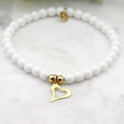 Gold Filled Hammered Heart on a White Glass Bracelet