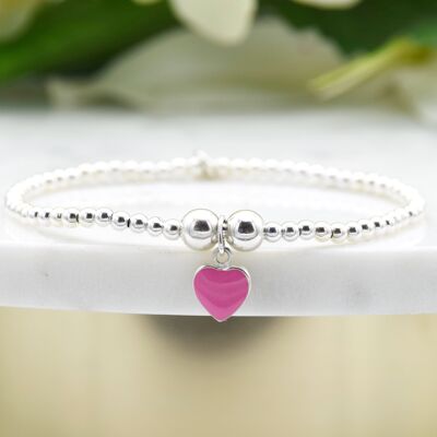 Sterling Silver Pink Enamel Heart Bracelet