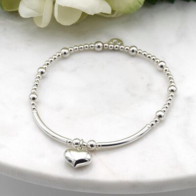 Sterling Silver Midi Puff Heart Satellite Bead and Tube Bracelet