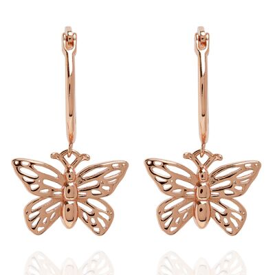 Pendientes de aro con dije de mariposa en oro rosa