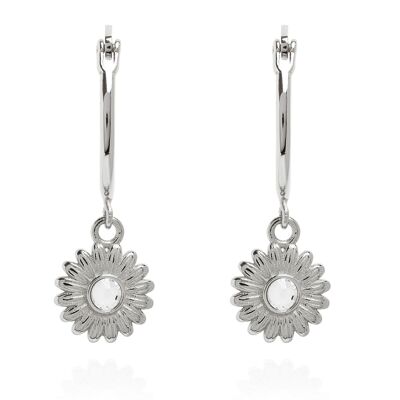 Daisy Charm Hoop Earrings Silver