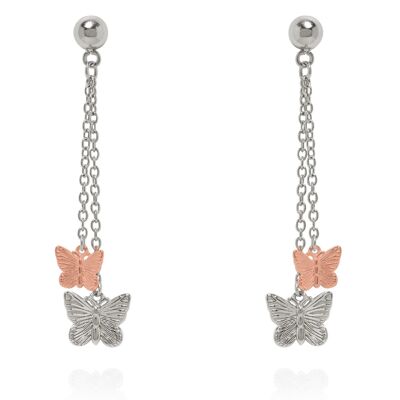 Orecchini pendenti Butterfly Duo in argento e oro rosa