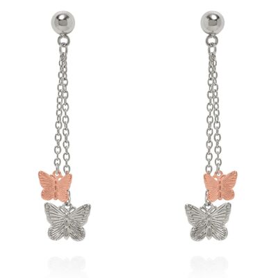 Butterfly Duo Drop Earrings Silver & Rose Gold