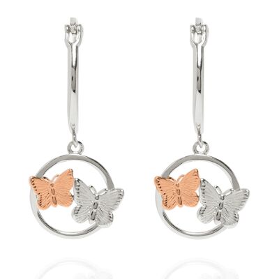 Pendientes de aro Butterfly Duo Charm Plata y oro rosa