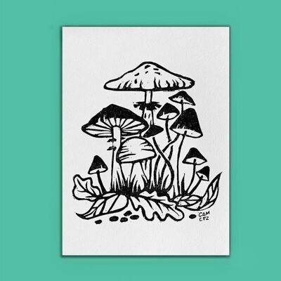 Linogravure "champignons" - affiche automnale A5