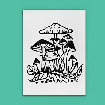 Linogravure "champignons" - affiche automnale A5 1