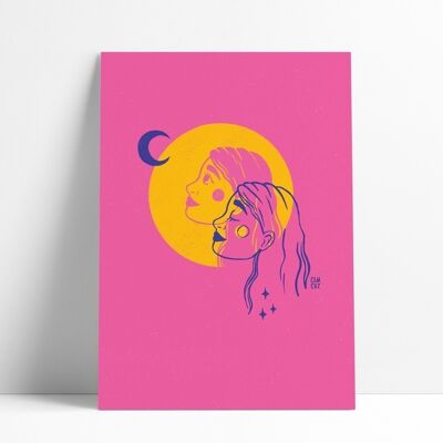 Illustriertes Poster „Erwachen“ | Porträt einer Frau, rosa und gelb, Spiritualität