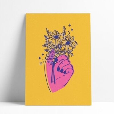 “Outbreak” poster | floral illustration, bouquet of flowers, woman's hand
