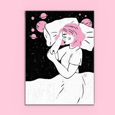 Kosmischer Traum | illustriertes Poster, schlafende Frau, Kosmos, Traum