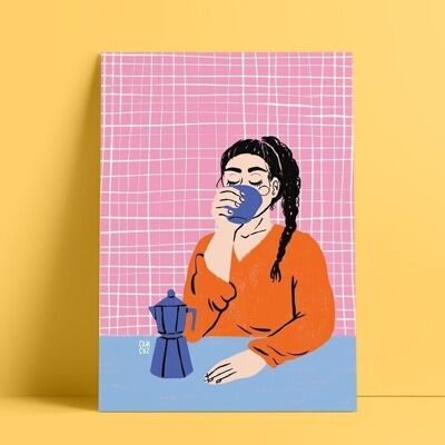 Illustriertes Poster, Porträt einer Frau, die einen italienischen Kaffee trinkt