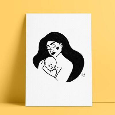 Affiche illustrée "Young mom"  | portrait de femme, maternité, fête des mères