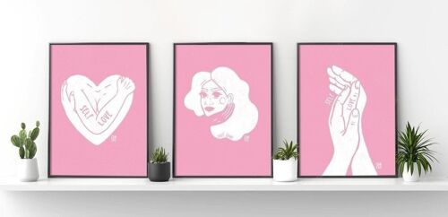 Affiche illustrée rose et blanc "Self love"  | body positive, amour, citation