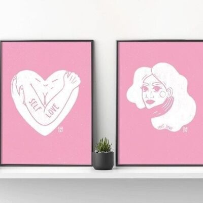 Poster illustrato rosa e bianco "Self love" | citazione d'amore positiva per il corpo