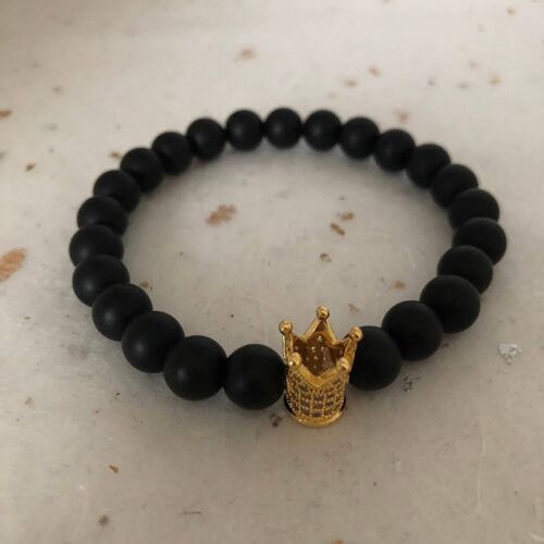 Matte Black Gold CZ Crown Bead Bracelet