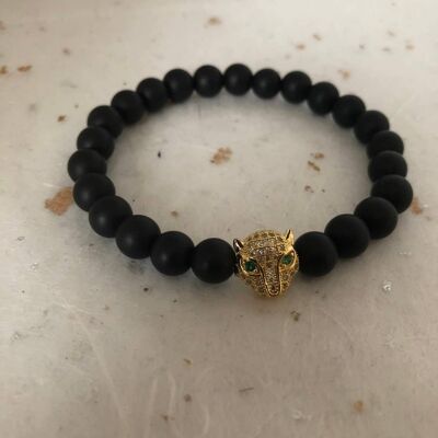 Pulsera de cuentas de circonita cúbica con cabeza de pantera en oro negro mate