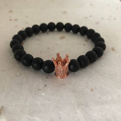 Matte Black Rose Gold CZ Crown Bead Bracelet