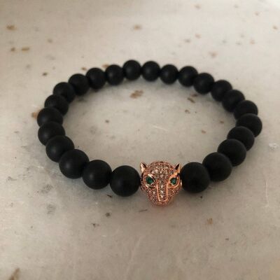 Matte Black Rose Gold Panther Head CZ Bead Bracelet