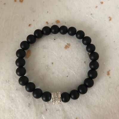 Matte Black Silver CZ Bead Bracelet