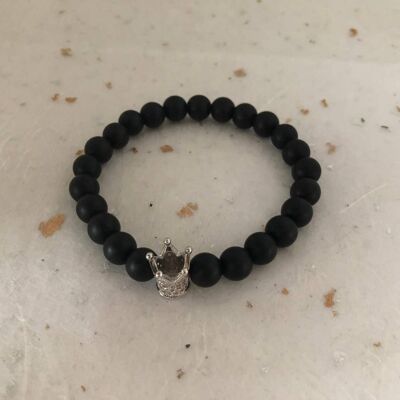 Matte Black Silver CZ Crown Bead Bracelet