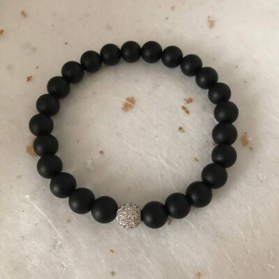 Matte Black Silver CZ Pave Bead Bracelet