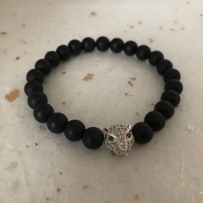 Matte Black Silver Panther Head CZ Bead Bracelet