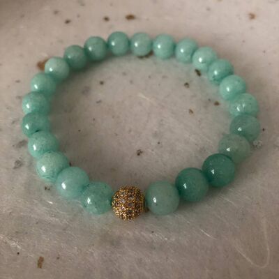 Pale Blue Amazonite Gold CZ Pave Bead Bracelet