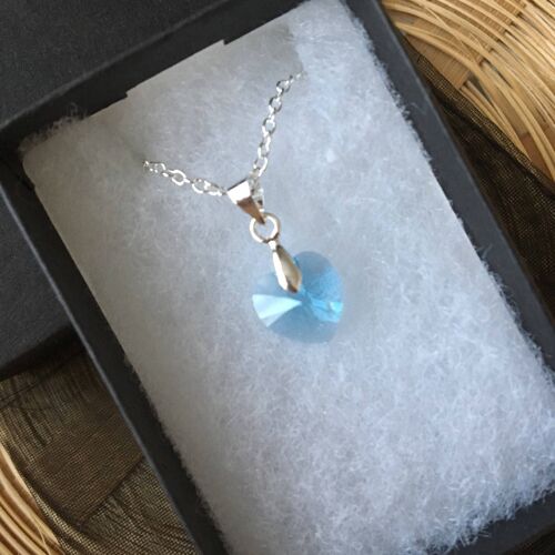 Silver and Sky Blue Swarovski Heart Necklace 10.3x10mm