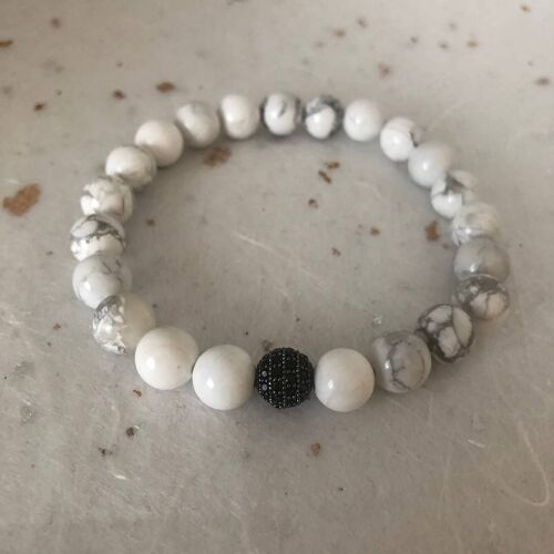 White Howlite Black CZ Pave Bead Bracelet