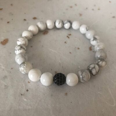 White Howlite Black CZ Pave Bead Bracelet