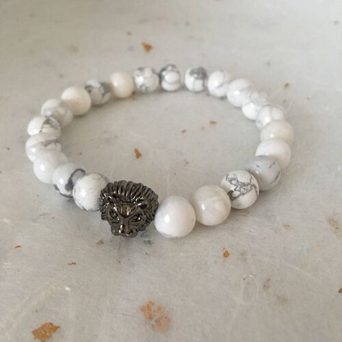 White Howlite Gunmetal Black Lion Head Bracelet