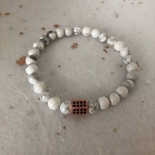 White Howlite Rose Gold CZ Pave Bead Bracelet Mens Bracelet