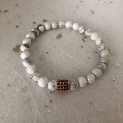 Bracelet Homme Howlite Blanc Or Rose CZ Pave Perle Bracelet