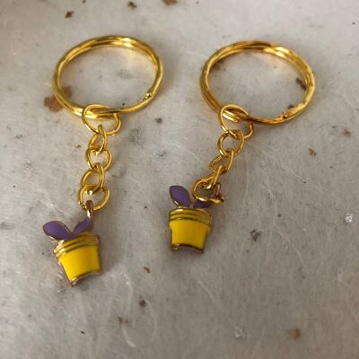 Porte-clés émail plante en pot jaune et violet unisexe