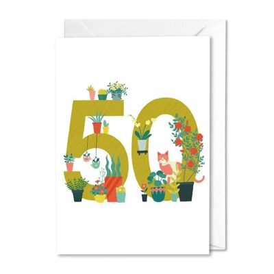 Tarjeta de gato y flores de 50 cumpleaños