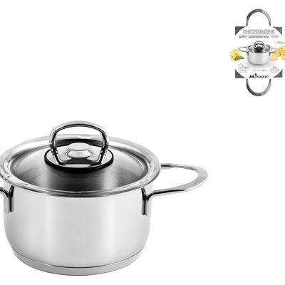 Modern and elegant in 18/10 steel equipped with a lid with steam vent. Can be used on all hobs including induction and dishwasher safe - 14 cm