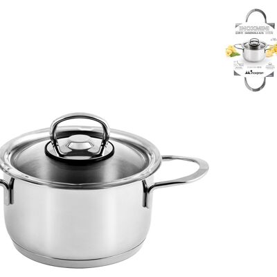 Modern and elegant in 18/10 steel equipped with a lid with steam vent. Can be used on all hobs including induction and dishwasher safe - 16 cm