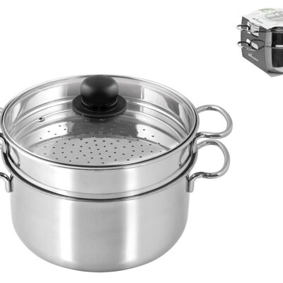 Stainless steel steam cooker Inoxpran glass lid 24 cm Made in Italy