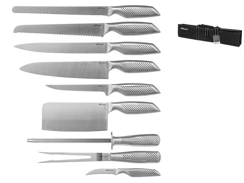 Confezione 9 pezzi coltelli in acciaio inox con borsa in tessuto.