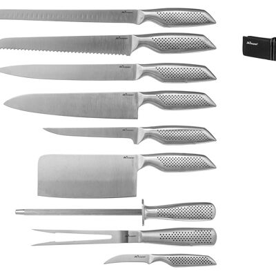 Confezione 9 pezzi coltelli in acciaio inox con borsa in tessuto.
