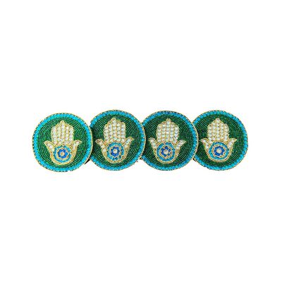 Hamsa Hand Coaster (Set of 4) - Hand Beaded in Green and Blue
