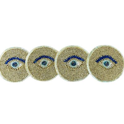 Evil Eye Coaster (Set of 4) - Hand Beaded in Champagne and Blue