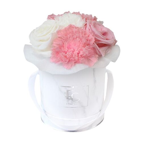 Splendid Carnation Mix Infinity Rosebox | Bridal Pink & Pure White | XS | Box: Marble White Round