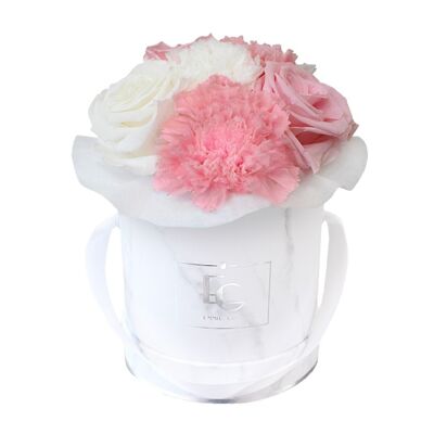 Splendid Clavel Mix Infinity Rosebox | Rosa nupcial y blanco puro | XS | Caja: Mármol Blanco Redonda