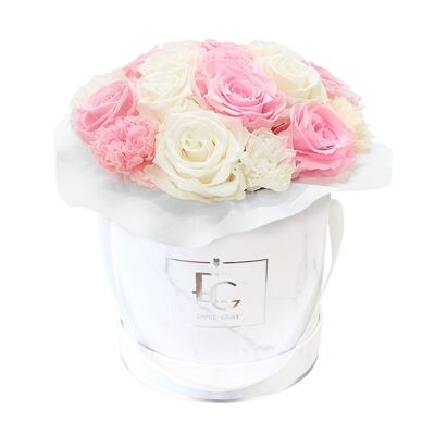 Splendido Garofano Mix Infinity Rosebox | Rosa da sposa e bianco puro | S | Scatola: Marmo Bianco Rotondo