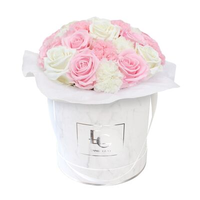 Splendido Garofano Mix Infinity Rosebox | Rosa da sposa e bianco puro | M | Scatola: Marmo Bianco Rotondo
