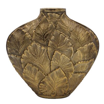 Vase - Sri Lanka - Métal - Laiton Antique Brillant - Motif Feuilles - Hauteur 26cm