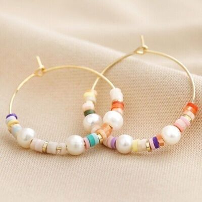 Boucles d'oreilles créoles perle et perle colorées en or